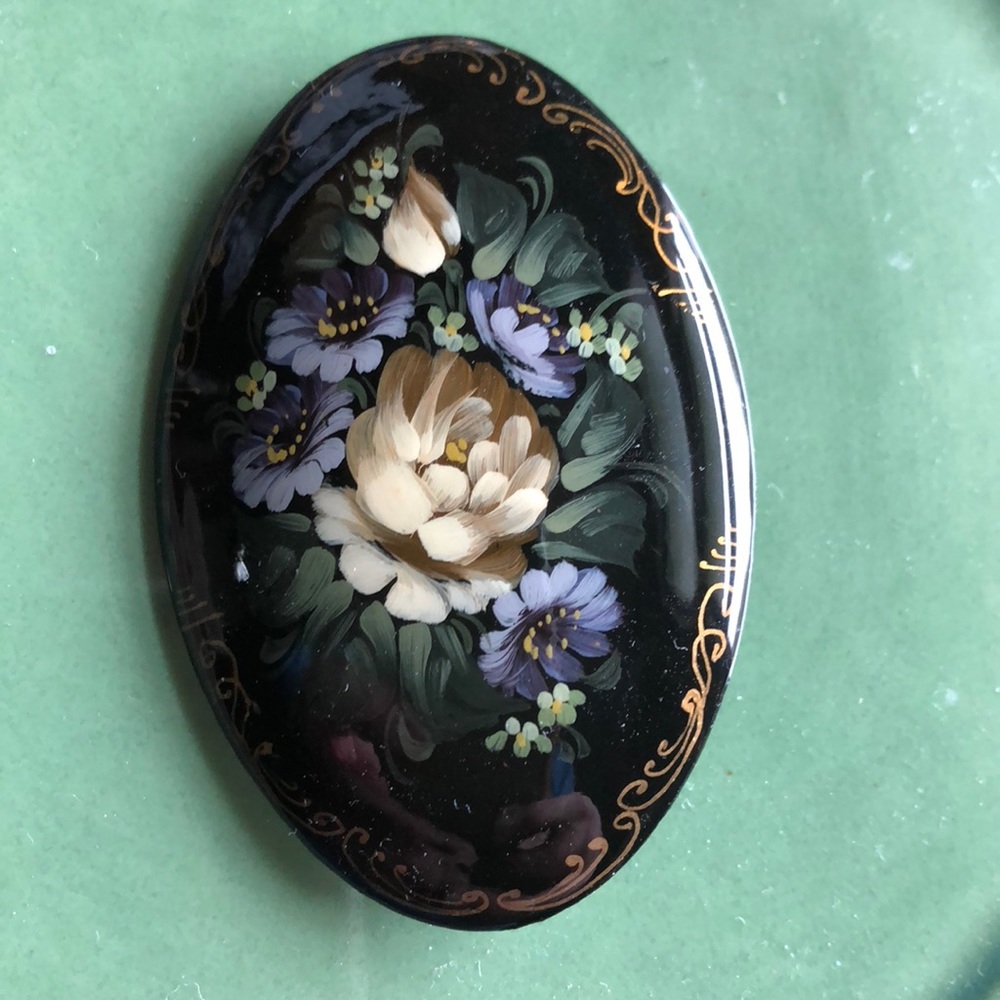Vtg. Hand Painted signed Russian Lacquer Brooch